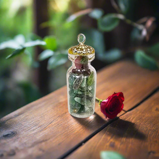 Soulwise Green Aventurine Mini Jar Necklace, Glass Wishing Chip Bottle Pendant, Natural healing crystal Pendant, Reiki Energized .