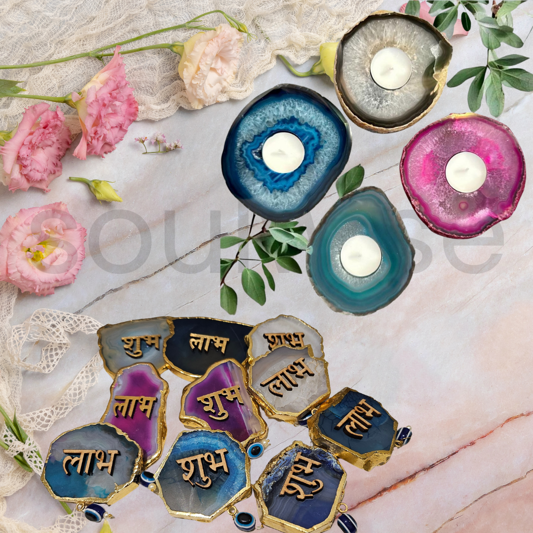 Diwali Agate Candle Holder & Shubh Labh Sticker Combo | Crystal Tea Light Holder & Decorative Agate Sticker Set for Home Entrance & Pooja | Festive Gift for Positive Energy & Vastu