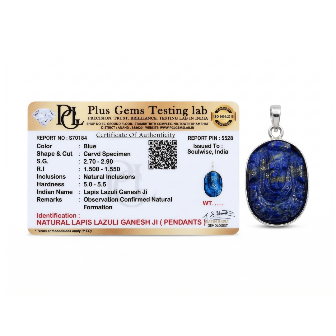 Certified Natural Lapis Lazuli Ganesha Pendant for Wisdom and Awareness.