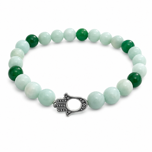 Virgo Zodiac Crystal Bracelet with Hamsa Hand Charm – Natural Green Multi-Stone 8mm Beads