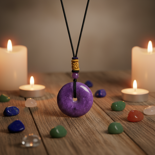 Natural Suji Light Donut Pendant with Black Cord, Handcrafted Crystal Jewellery