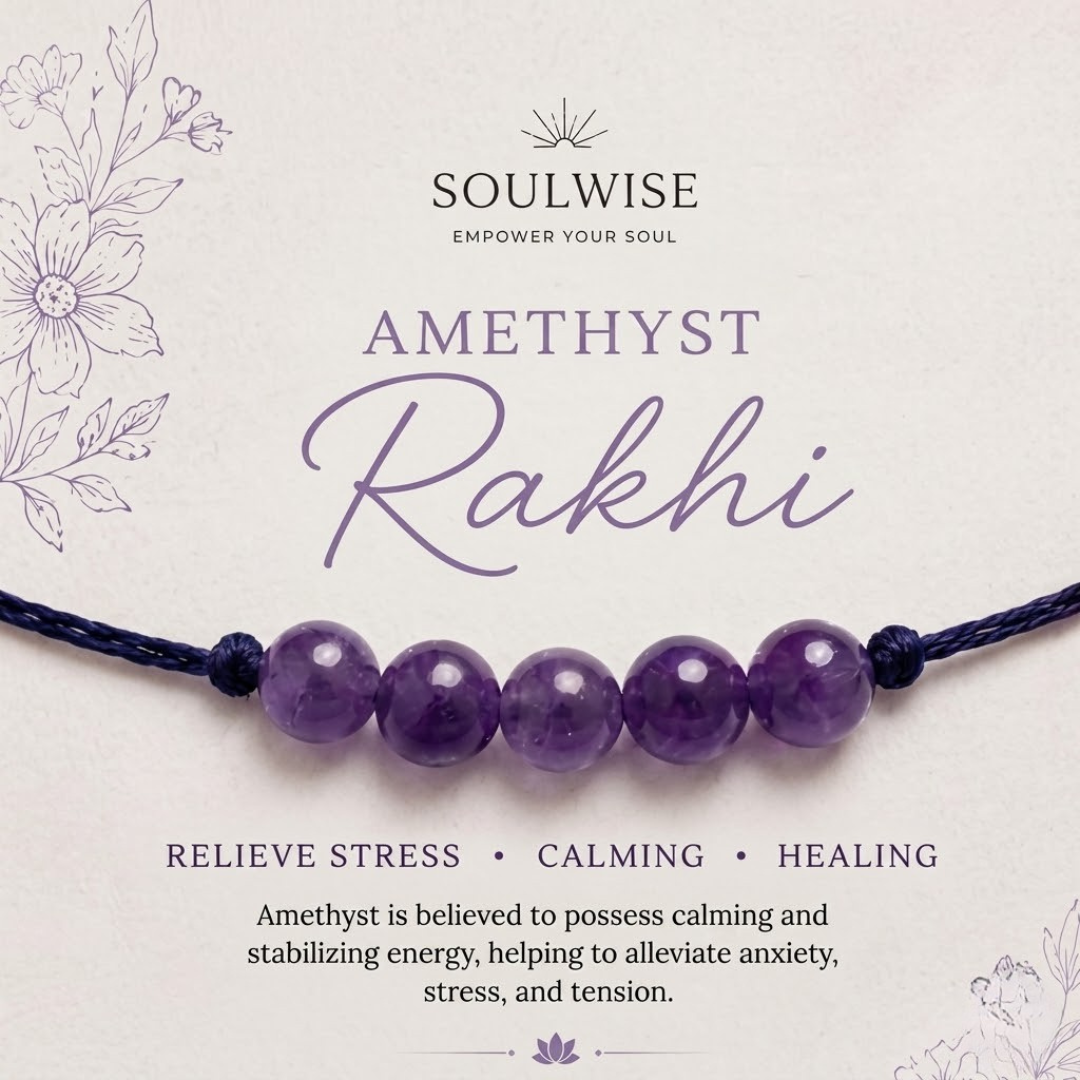Amethyst 5 Beads Rakhi – Natural Crystal Rakhi for Peace, Calmness, Stress Relief & Positive Energy
