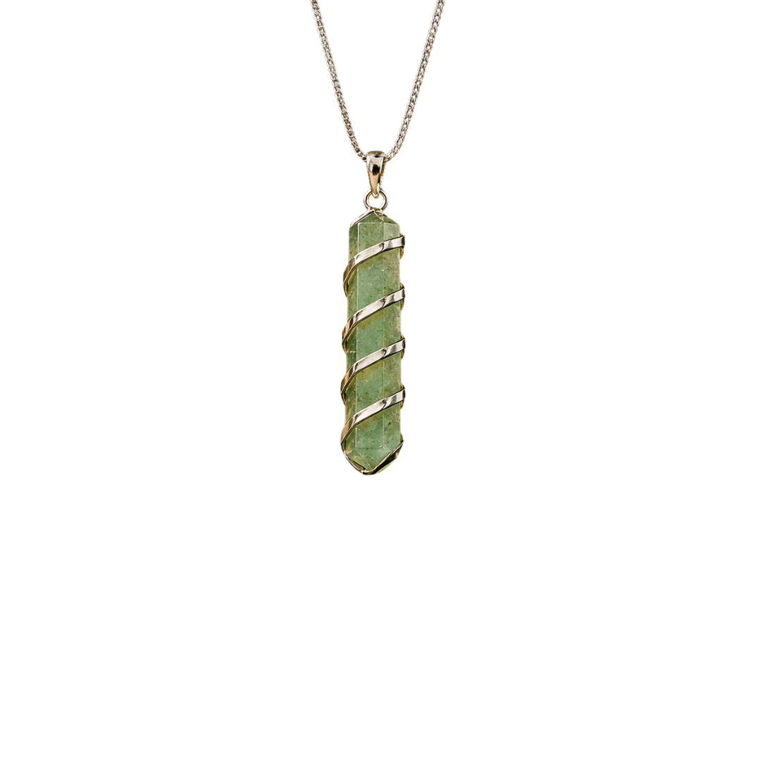 Green Aventurine Pencil Pendant with Spiral Wire Wrap – Natural Crystal Healing Necklace for Luck, Prosperity & Heart Chakra