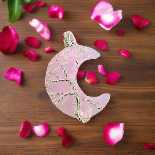 Soulwise Rose Quartz Crescent Moon Pendant with Silver Bail – Natural Pink Crystal Necklace for Healing, Love, and Spiritual Energy – Hand-Carved Stone Jewelry