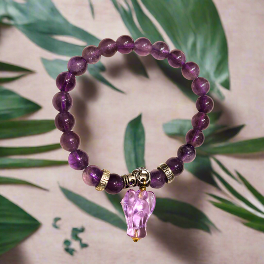 Amethyst 8mm Natural Crystal Healing Bracelet with Angel Charm