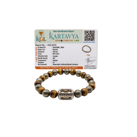 Pyrite & Tiger’s Eye Beaded Bracelet with Vajra Charm – Natural Protection & Prosperity Crystal 8mm Bracelet | Handmade Stretch Bracelet for Men & Women