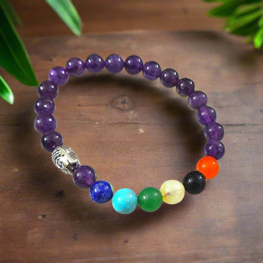 7 Chakra Healing Crystals Bracelet – Natural Amethyst Beads with Buddha Charm.