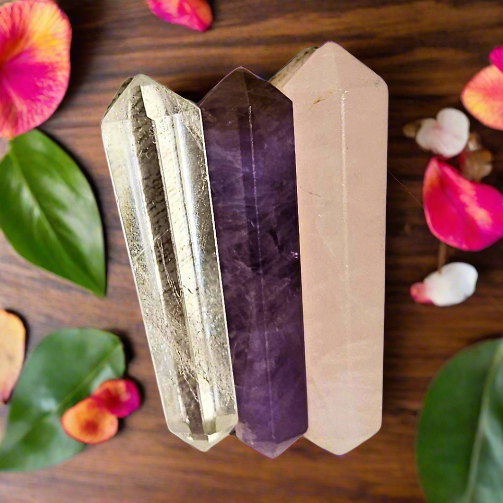 Soulwise Double Terminated Crystal Point Set – Clear Quartz, Rose Quartz & Amethyst – 3-Piece Crystal  Set