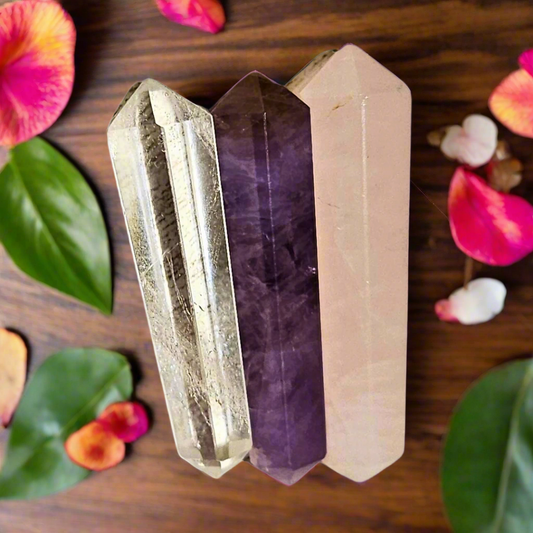 Soulwise Double Terminated Crystal Point Set – Clear Quartz, Rose Quartz & Amethyst – 3-Piece Crystal  Set