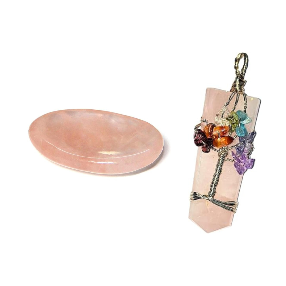 Rose Quartz Tree of Life Pendant & Thumb Stone Set – Valentine’s Day Gift for Love, Positivity & Emotional Healing | Natural Crystal Jewelry for Women