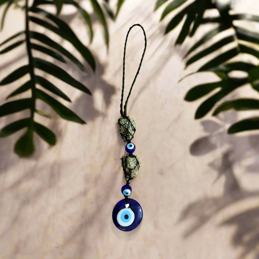 Natural Peru Pyrite Cluster Hanger with Evil Beads and Evil Eye Charm - Energy-Boosting Crystal for Wealth and Protection from Negative Energy - Home, Office, Car Hanger for Good Luck