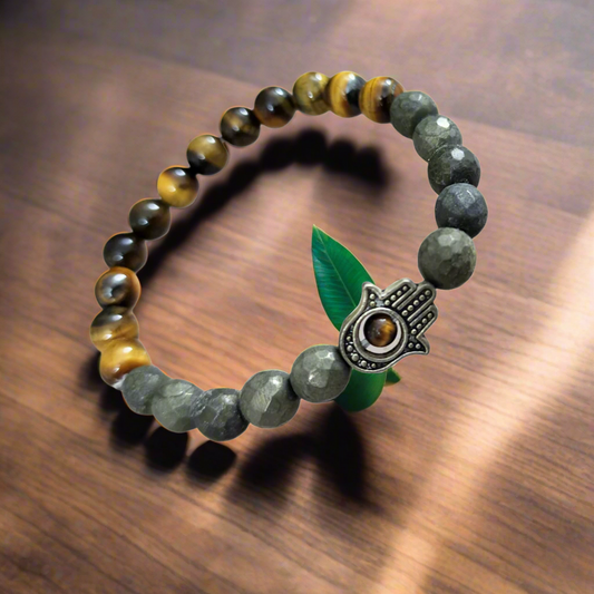 Soulwise Tiger's Eye and Pyrite Beads Bracelet with Hamsa Hand Charm, 8 mm, good luck, prosperity and protection.