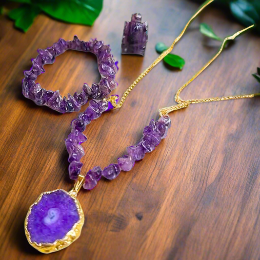 Amethyst Ganesha 1" with Necklace & Bracelet Set – Hand-Carved Crystal Chakra Healing Jewelry, Meditation Gift Set