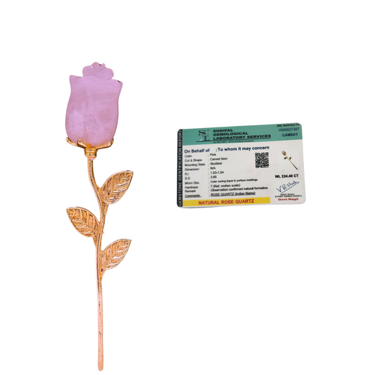Natural Rose Quartz Crystal Rose Flower with Golden Stem