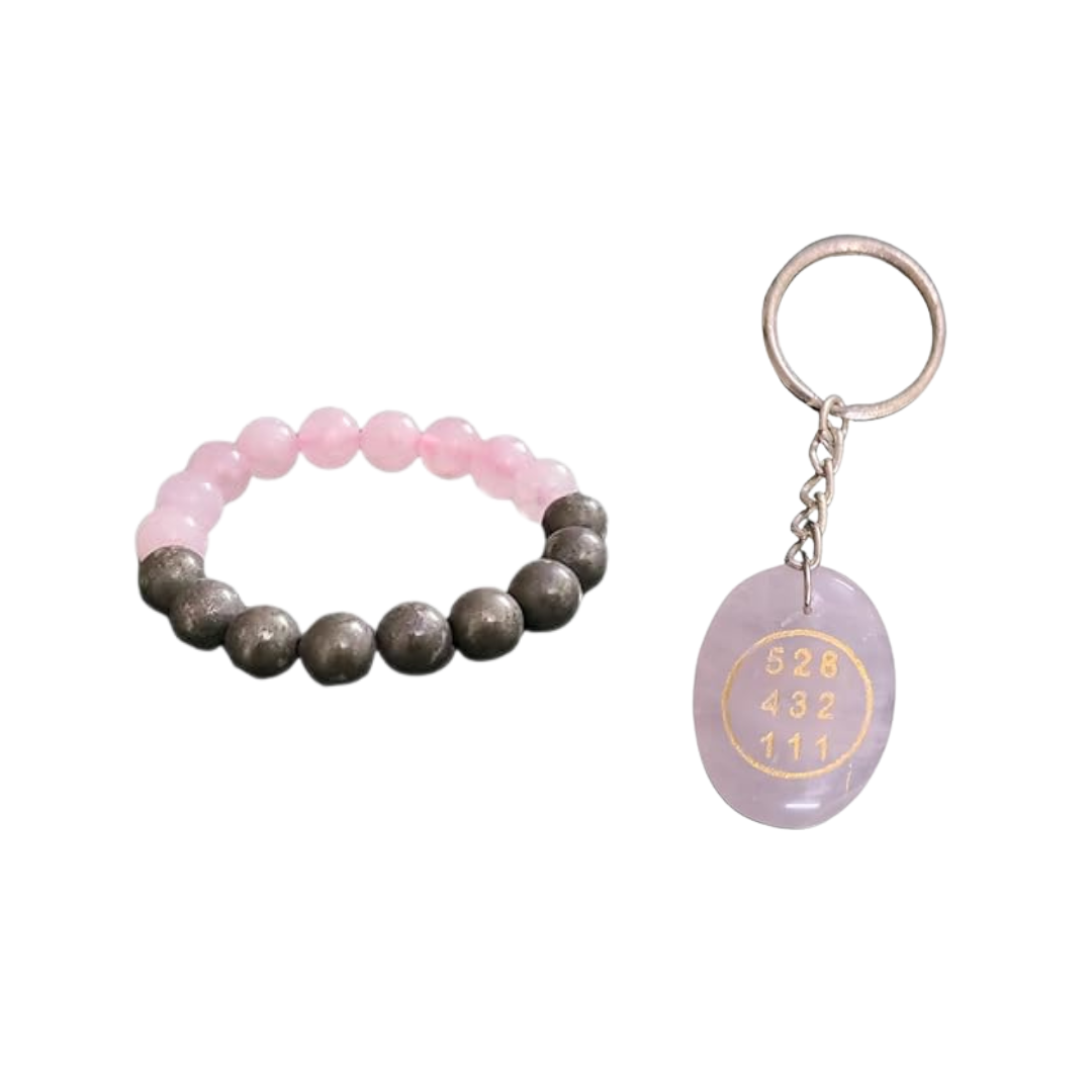 Soulwise Rose Quartz & Pyrite Healing Bracelet 10mm with Rose Quartz Angelic Keychain, Valentine's Gift Combo for Love, Positivity & Emotional Healing
