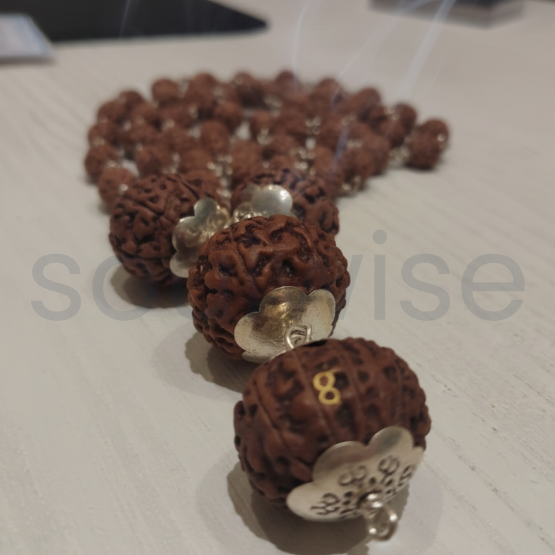 7, 7, 8, 13 Mukhi with 5 Mukhi Silver Nepali Rudraksha Mala – Spiritual & Protective Necklace