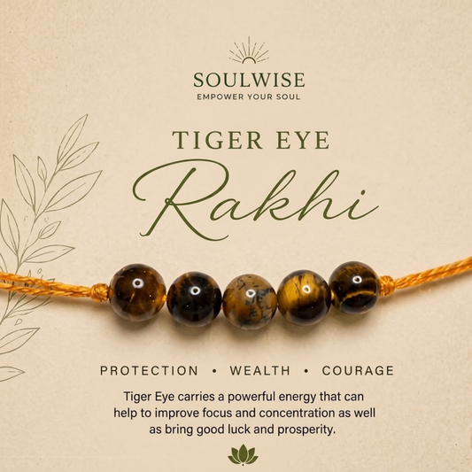 Tiger Eye 5 Beads Rakhi – Natural Crystal Rakhi for Courage, Confidence, Protection & Success