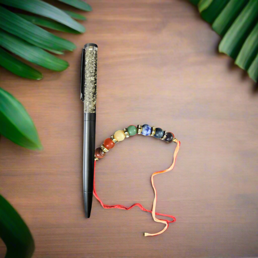 Power & Protection Rakhi Gift Set for brother – Pyrite Crystal Ball Pen + Designer 7 Chakra Rakhi – Pyrite Pen & Chakra Rakhi A Raksha Bandhan Gift