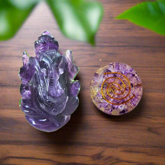 Amethyst Crystal Ganesha Statue 2" & paper weight table Decor Gift Set - Promotes Balance, Peace, Healing & Prosperity.