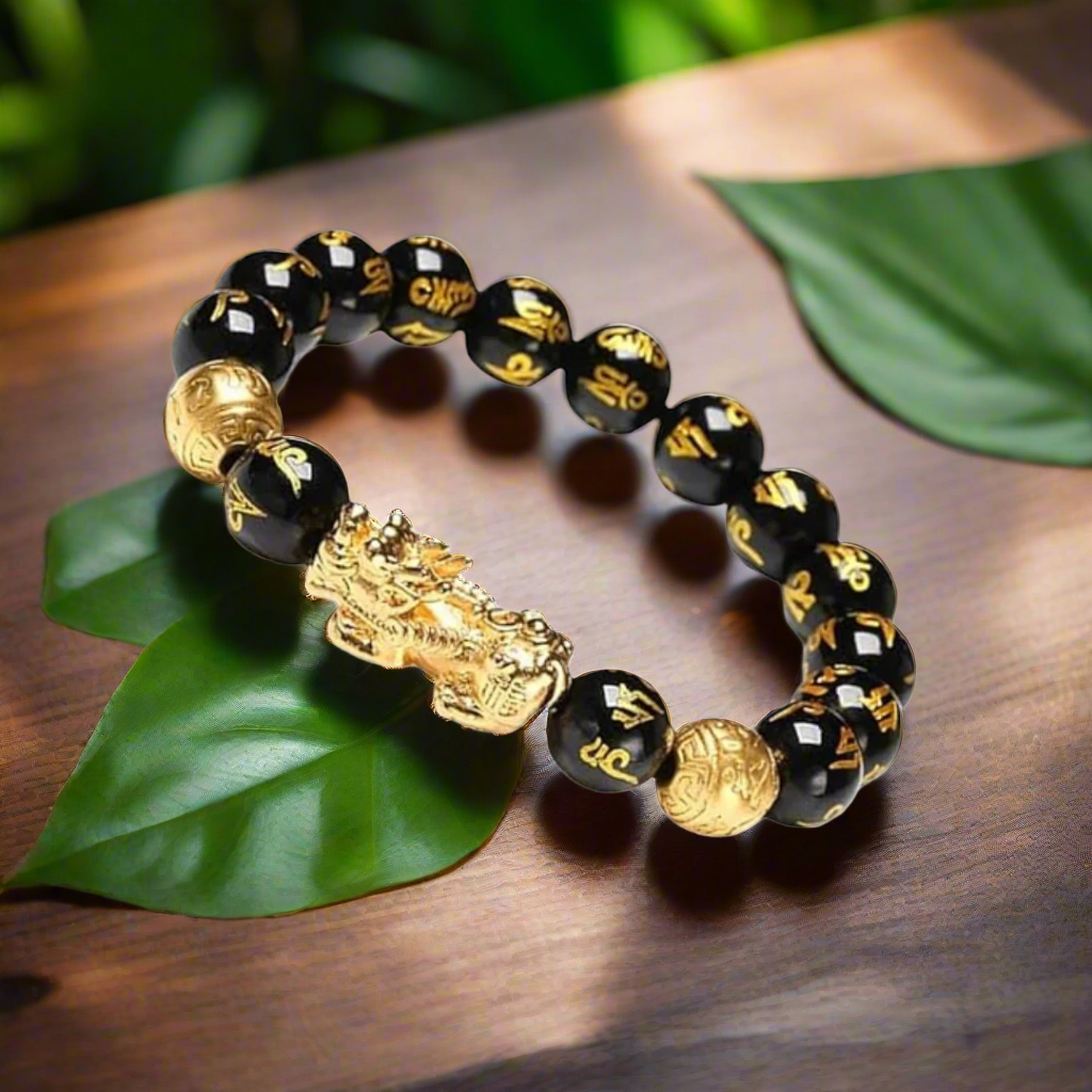 Natural Black Onyx Pi Xiu Beads Bracelet with Gold Accents for Protection, Aura Cleansing, and Abundance
