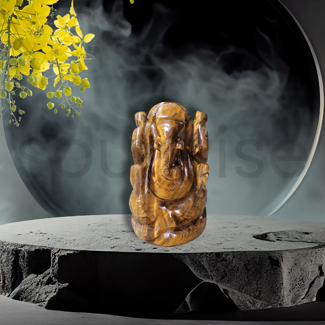 Tiger Eye Ganesha Idol – 5 cm | Hand-Carved Ganesh Statue in Natural Tiger Eye Crystal for Courage, Clarity & Protection