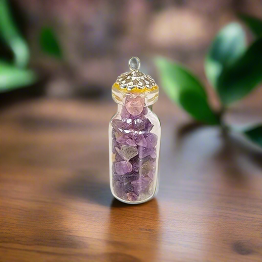 Amethyst Mini Jar Necklace, Glass Wishing Chip Bottle Pendant, Natural healing crystal Pendant, Reiki Energized