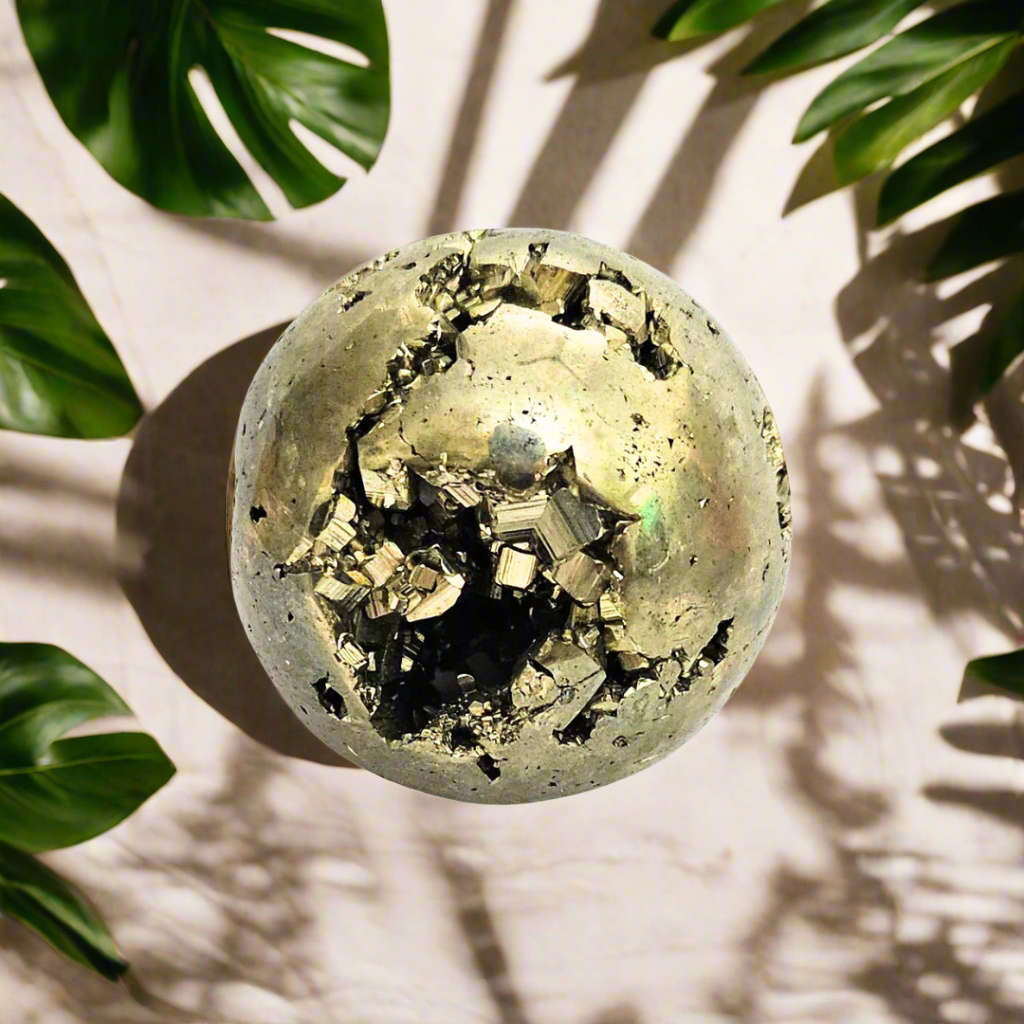 Soulwise Natural Peru Pyrite Crystal Sphere – Imported Golden Energy Stone for Motivation, Focus & Home Decor.