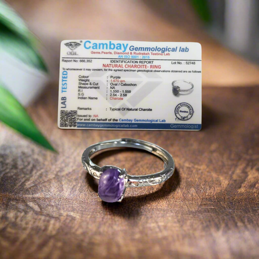 Charoite Gemstone Ring adjustable, certified