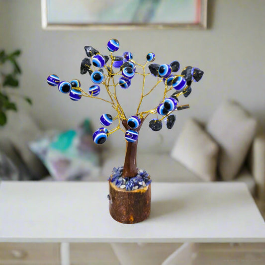 Black Tourmaline Evil Eye Tree, 15 cm Decorative Crystal Tree for Protection
