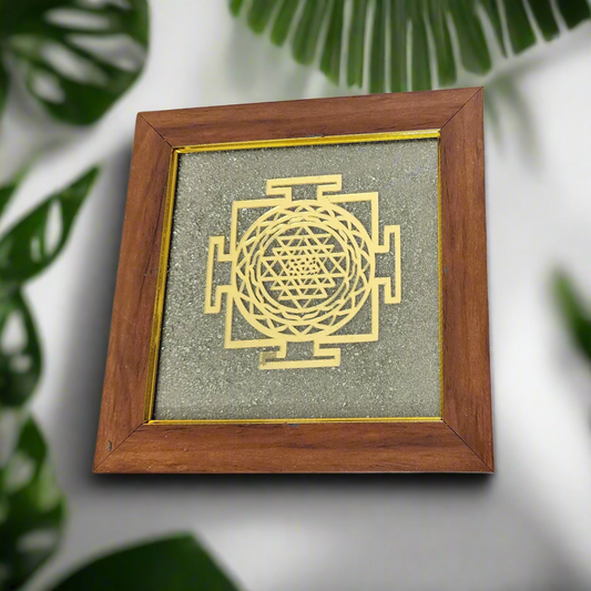 Pyrite Wall Decor Frame with Golden Shree Yantra Symbol