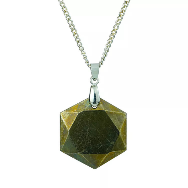 Natural Pyrite Hexagon Cut Pendant – Genuine Crystal Necklace for Wealth, Protection & Confidence | Prosperity Stone Jewelry