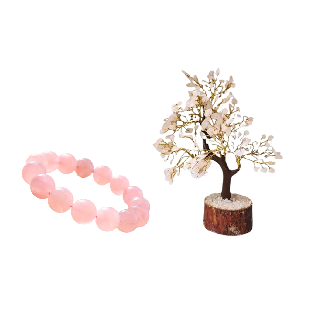 Rose Quartz Crystal Tree with Wooden Base and 10mm Rose Quartz Bracelet, Valentine's Day Gift Set for Love and Emotional Healing, 15.2 cm