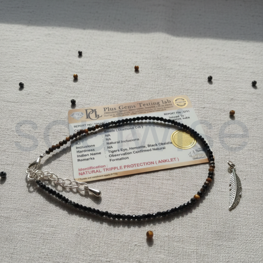 Triple Protection Anklet with Hematite, Tiger Eye, and Black Obsidian – Grounding, Protection & Prosperity Crystal Anklet
