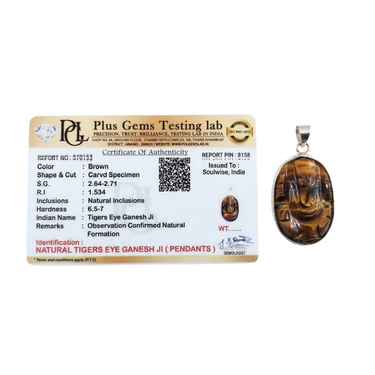Certified Tiger Eye Ganesha Pendant – Natural Tiger’s Eye Gemstone Lord Ganesh Locket for Protection, Confidence & Success (Unisex)