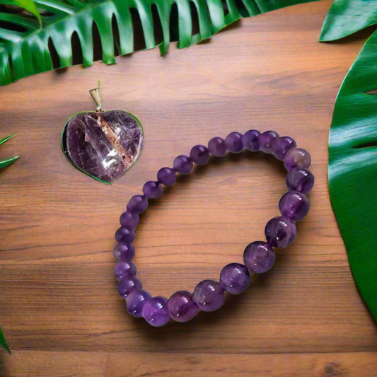 Natural Amethyst Crystal Bracelet (8mm) & Heart-Shaped Pendant Necklace Set – Healing, Protection & Spiritual Balance