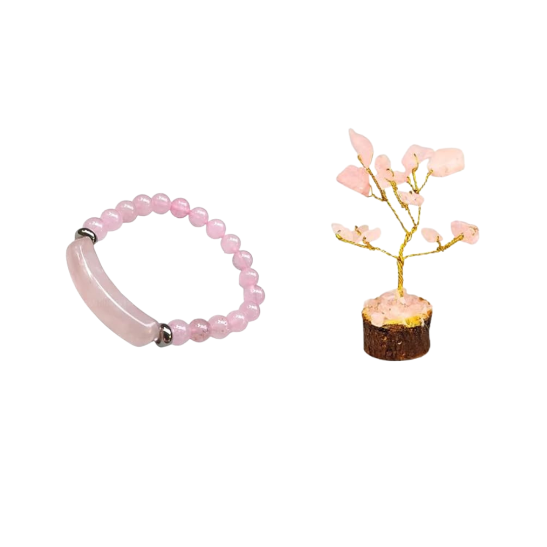Rose Quartz Tree with Healing Crystal Bracelet | Emotional Healing, Self-Love & Relationship Harmony | Natural Rose Quartz Gemstone Jewelry & Home Décor