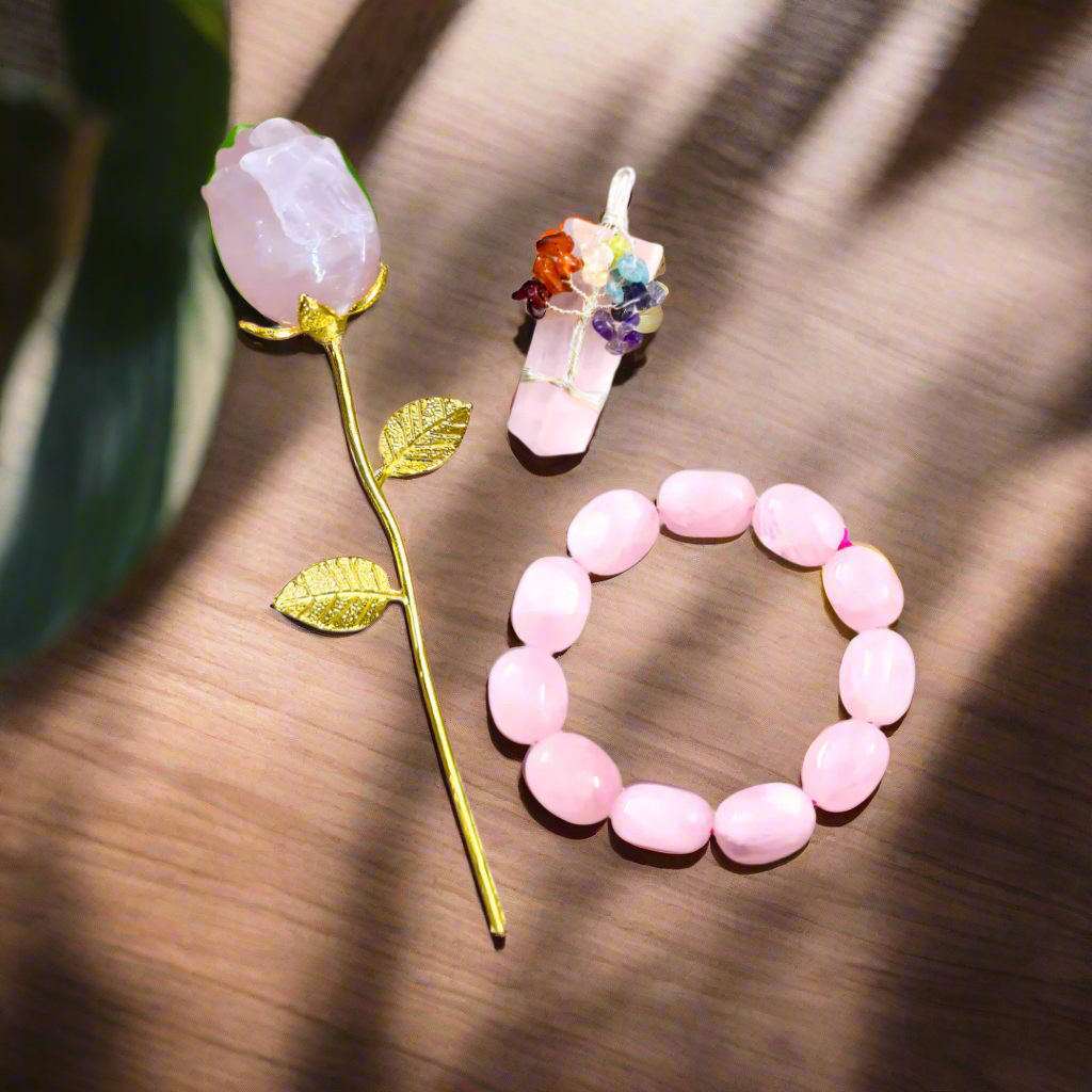 Rose Quartz Tumble Bracelet & Chakra Tree of Life Charm Rose Quartz Pendant with Rose Quartz Flower - Valentine Gift Set