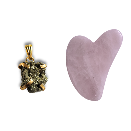 Valentine Gift Combo – Raw Pyrite Crystal Pendant & Rose Quartz Gua Sha Set for Love, Glow & Wellness | Healing Energy Skincare Gift for Sister/Women