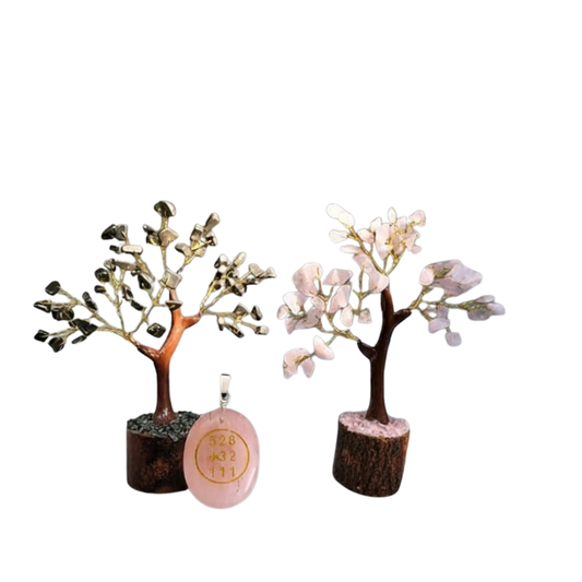 Rose Quartz and Pyrite Crystal Tree Pair with Rose Quartz Angelic Symbol Pendant, Valentine's Day Gift for Love, Positivity and Healing Energy