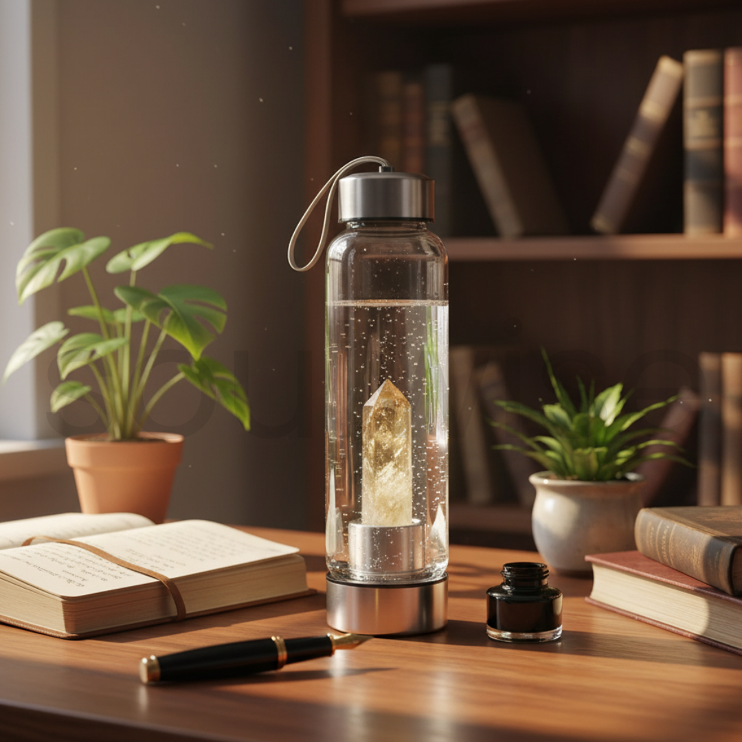 Citrine Crystal Elixir Water Bottle – 500 ml,Natural Healing Crystal-Infused Glass Bottle.