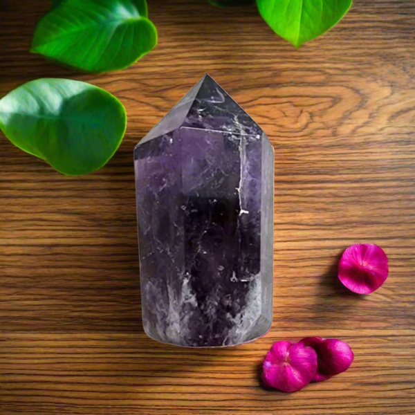 Chevron Amethyst Tower – 300g Freeform Natural Crystal Point for Healing, Meditation, Reiki & Home Décor – Polished Standing Stone