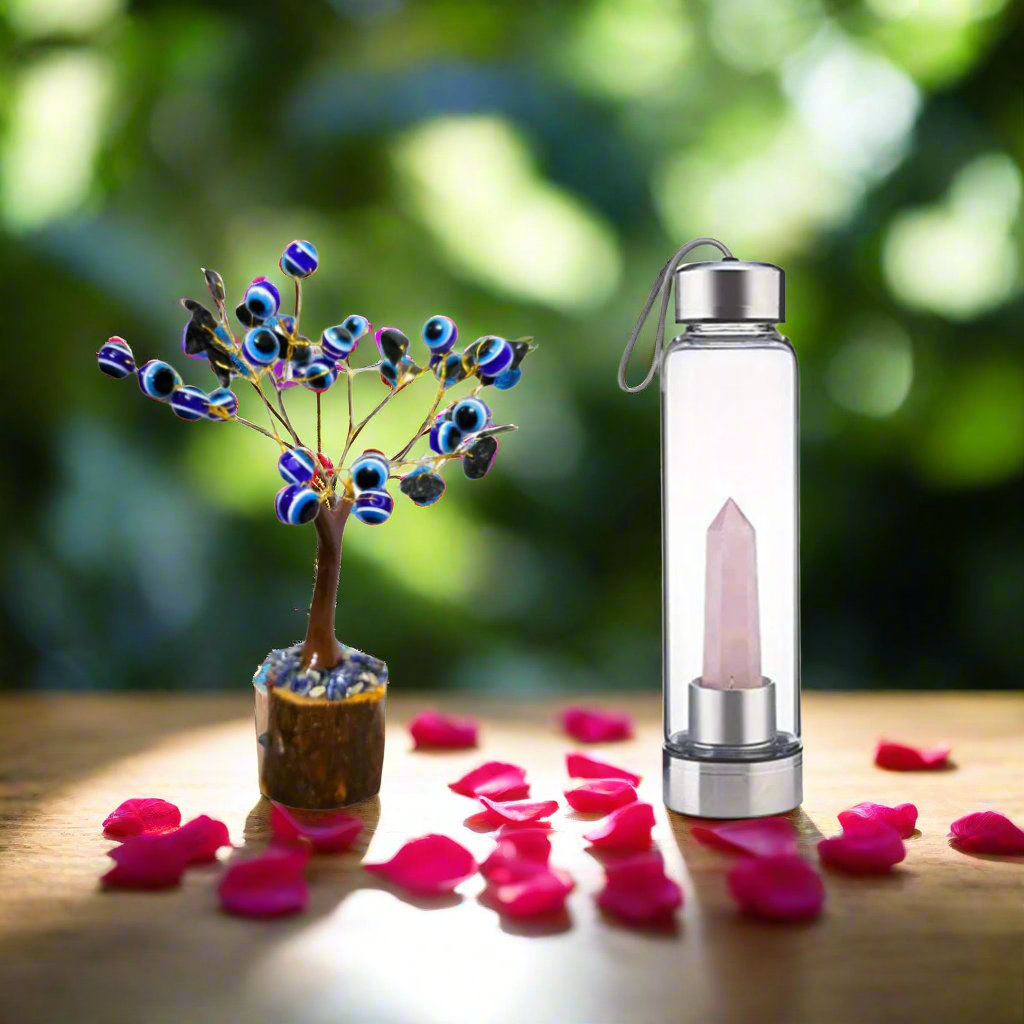 Rakhi Gift Combo for Sister – Black Tourmaline with Evil Eye Tree for Protection & Rose Quartz Crystal Elixir Water Bottle 500ml – Spiritual Decor & Wellness Hydration Set