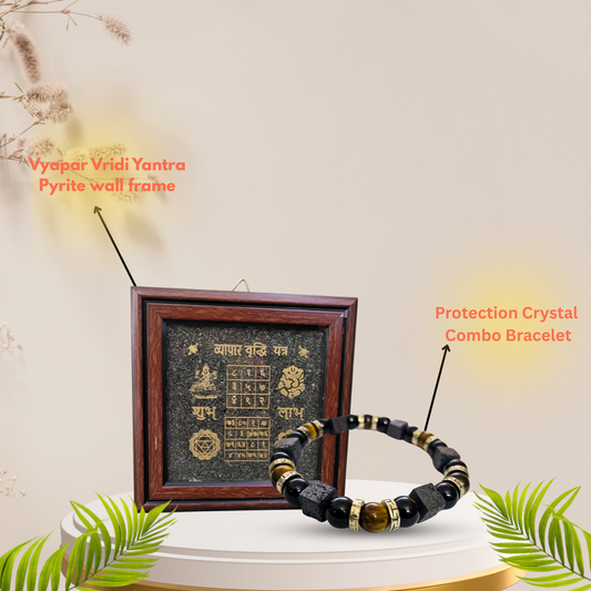 Diwali Gift Combo – Vyapar Vriddhi Yantra (Pyrite) & Energy Shield Bracelet (Tiger's Eye, Lava, Tourmaline) for protection and success