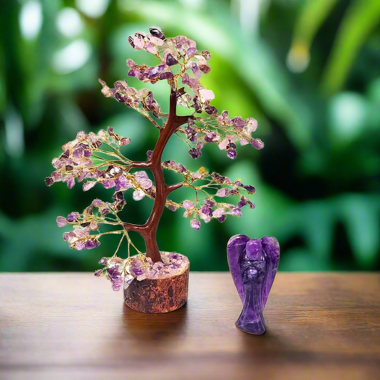Amethyst Crystal Tree with 3 Angel Figurines – 8" Handmade Gemstone Bonsai Tree for Healing, Home Decor & Spiritual Energy – Reiki, Chakra Balancing, Gift for Meditation Lovers