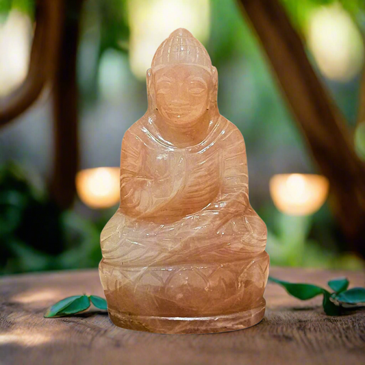 Soulwise Natural Rose Quartz Crystal Buddha Statue – Hand-Carved Healing Stone for Meditation– Peace, Love & Harmony – (10cm,150g)