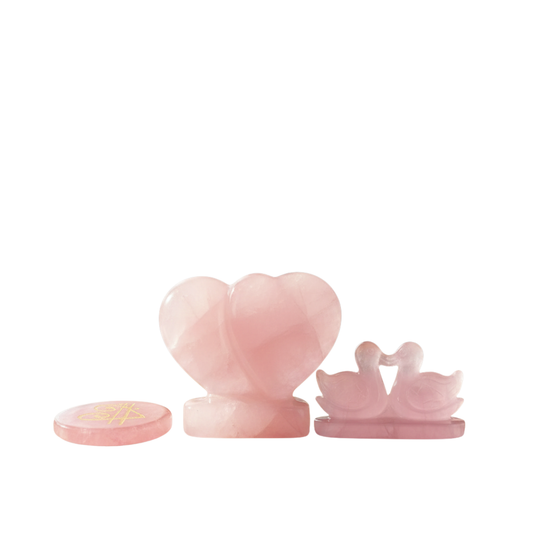 Rose Quartz Twin Heart, Duck & Zibu Coin Combo | Valentine’s Day Gift for Love, Positivity & Emotional Healing | Crystal Keepsake Set.