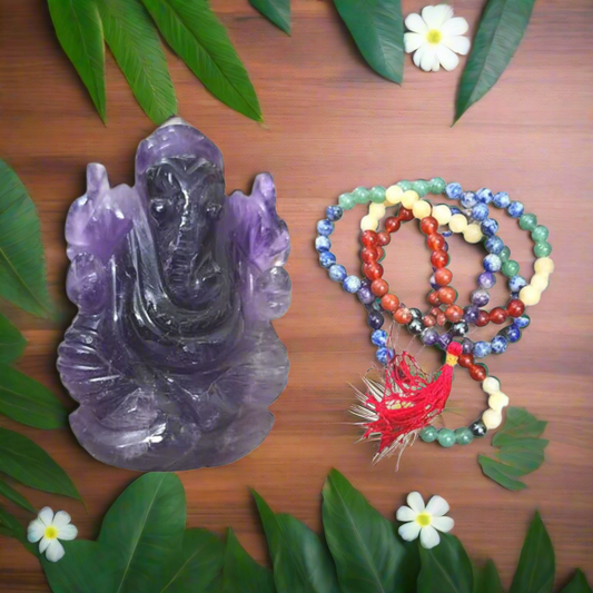Diwali Worship Combo Pack |Amethyst Ganesha 2" with 7 Chakra jaap mala, necklace,Crystal Gift Combo.