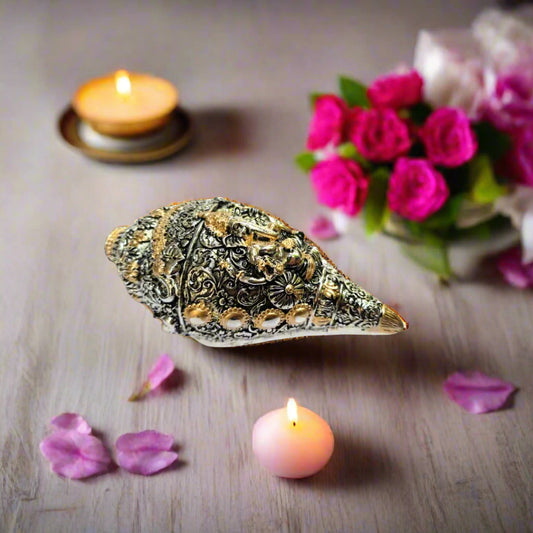 पूजा, उपहार और सजावट के लिए प्राचीन गणेश शंख, शोपीस, 5", 680 ग्राम