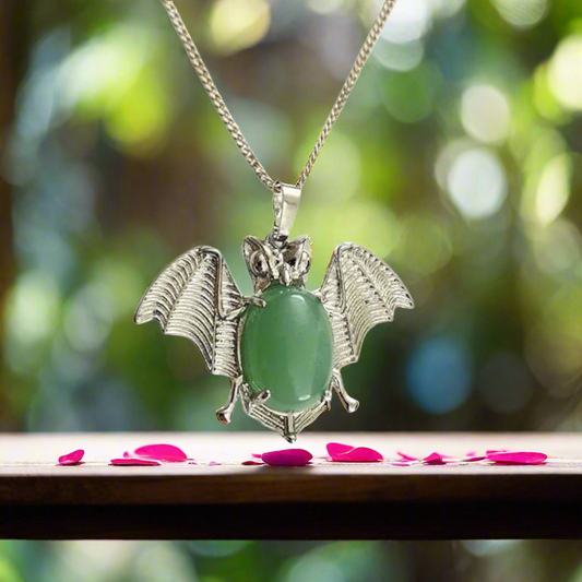 Green Aventurine Bat Symbol Pendant – Natural Crystal Necklace for Luck, Protection & Heart Chakra Energy – Unisex Spiritual Jewelry