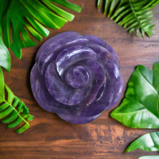 Amethyst Rose Flower with Healing Crystal Meaning Sticker – Hand-Carved Natural Amethyst Crystal Rose for Home Décor